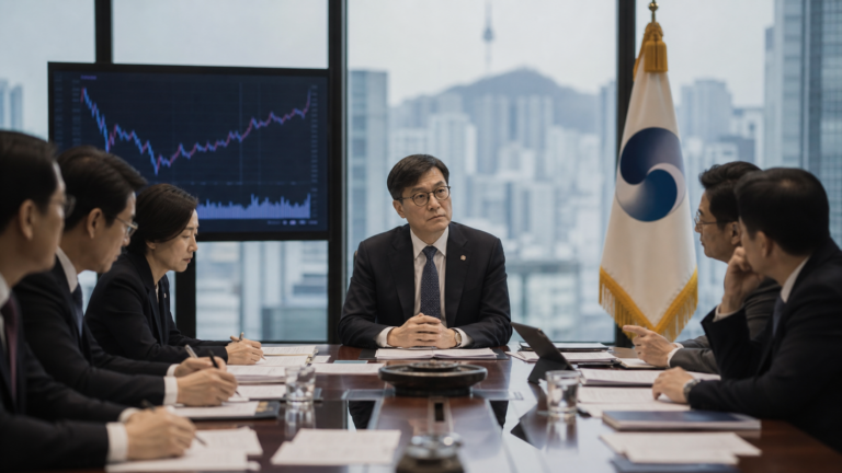 서울 금융권 회의실에서 기준금리와 환율 흐름을 점검하는 이미지