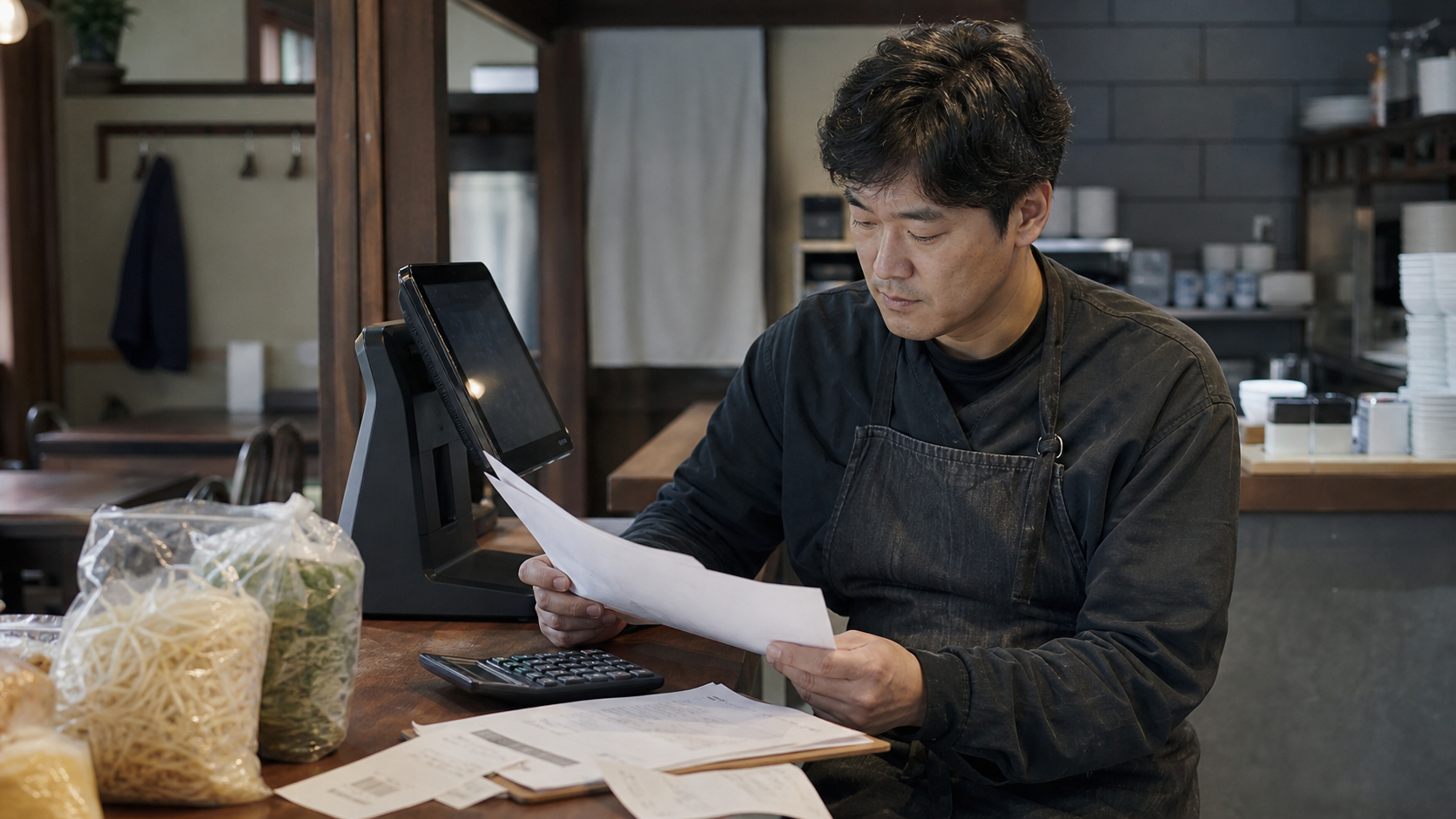 식당 사업주가 대출 서류와 매입 비용을 검토하는 이미지