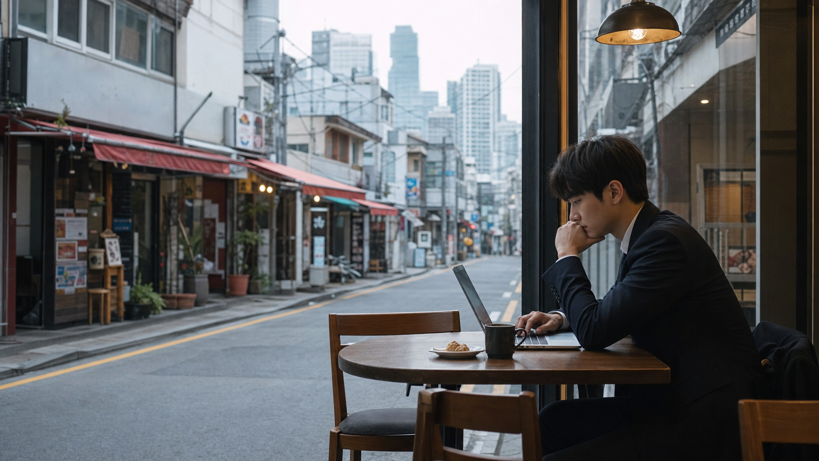 조용한 지역 상권 카페에서 청년 구직자가 노트북을 보는 이미지