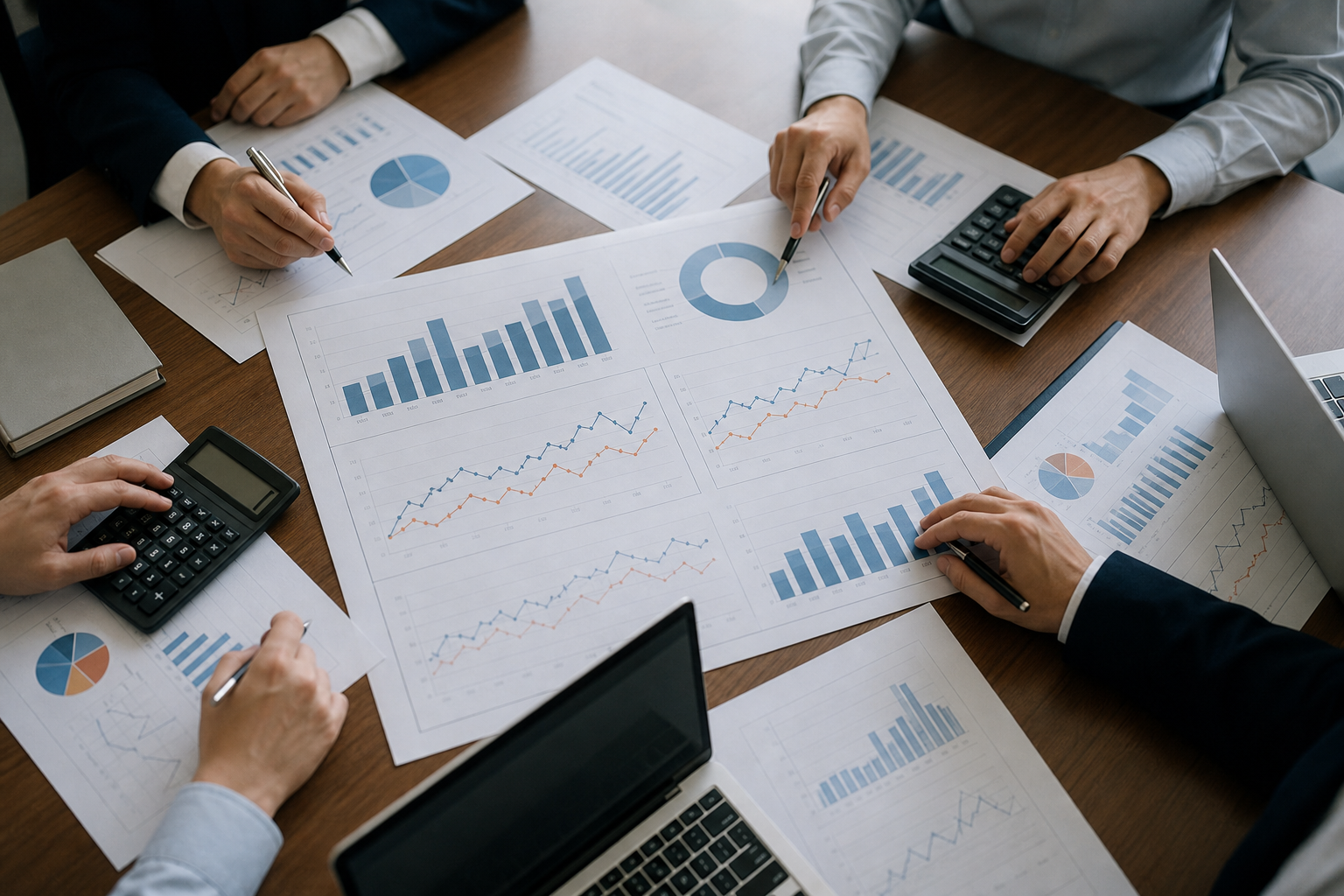 경제 분석가들이 GDP, 실질소득, 소비, 투자 관련 추상 차트를 검토하는 이미지