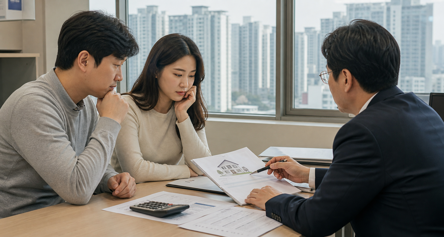 은행 상담실에서 가계부채와 주택담보대출 조건을 검토하는 이미지