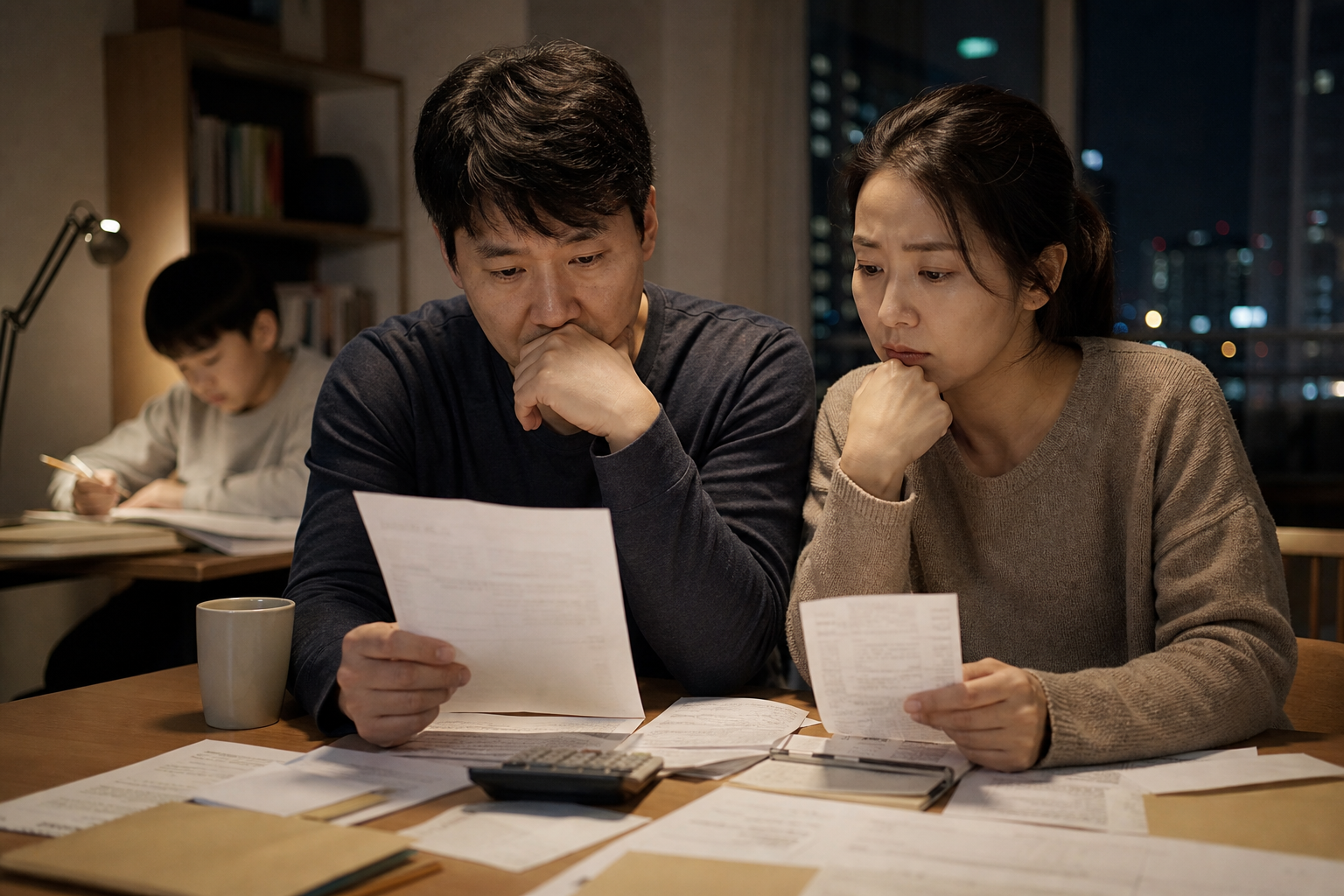 가정에서 대출 상환 계획과 생활비를 검토하는 이미지