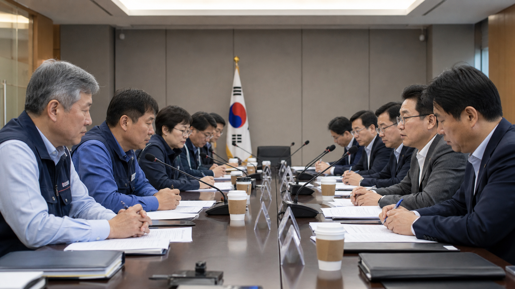 최저임금 협상장에서 노동계와 경영계 대표들이 마주 앉아 논의하는 이미지