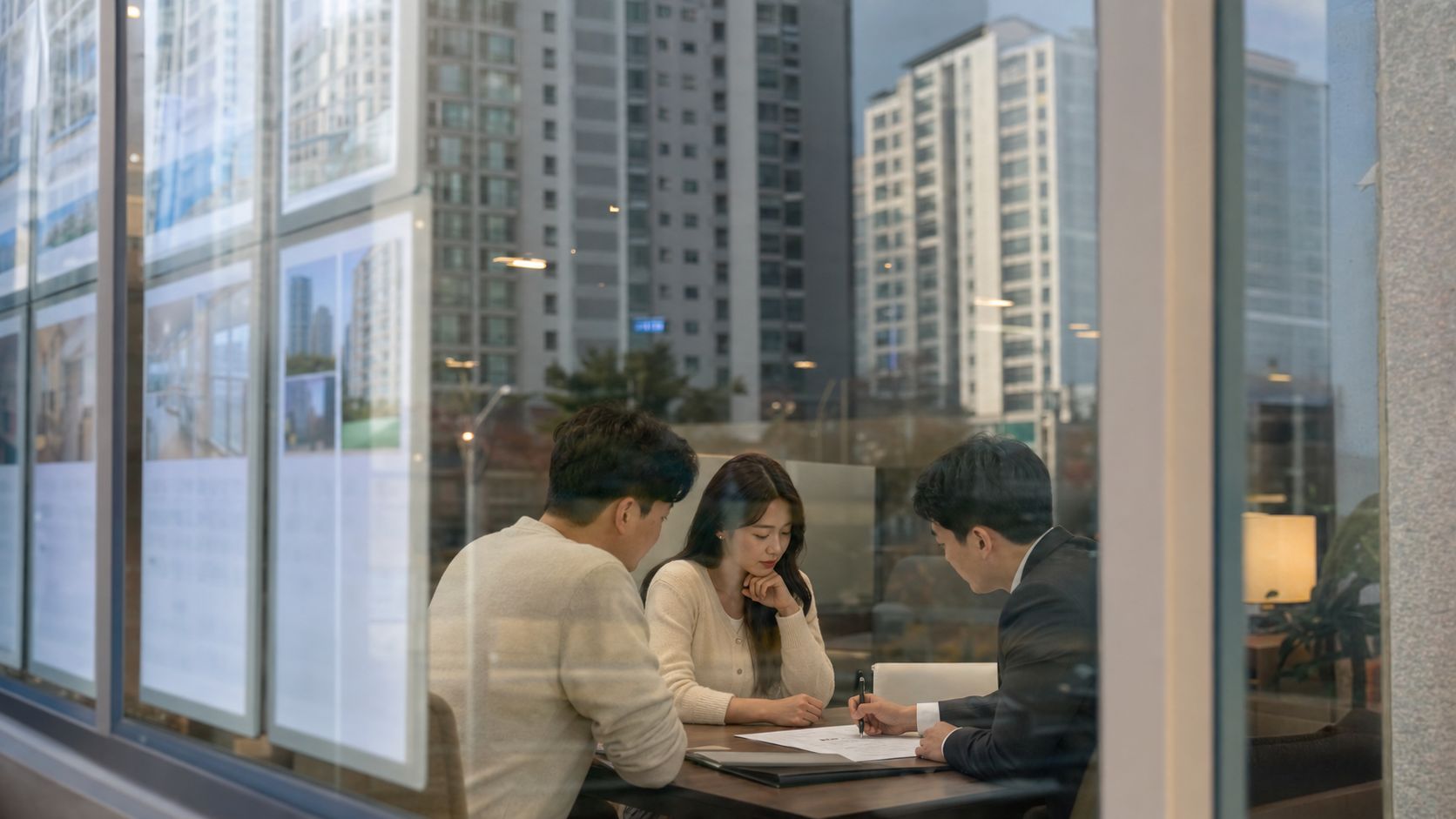 부동산 중개사무소에서 매수자와 중개인이 계약 서류를 검토하는 이미지