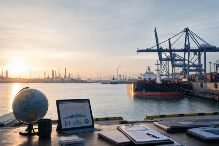 한국 항만의 유조선과 정유 시설, 원유 수입 비용 리스크를 표현한 이미지