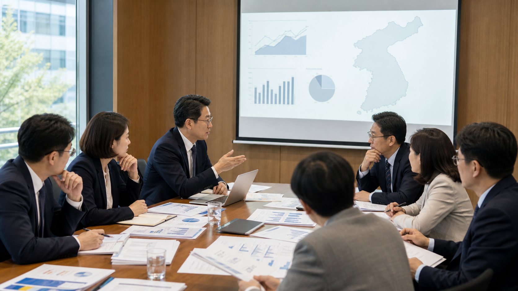경제학 연구가 정책 결정과 현장 데이터로 환류되는 회의 장면 이미지
